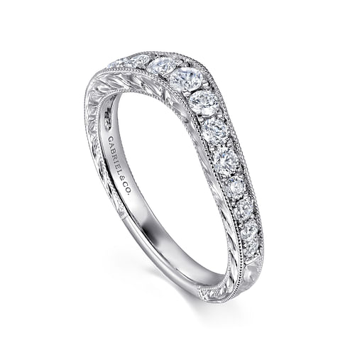 Vintage Inspired 14K White Gold Curved Channel Set Diamond Wedding Band with Engraving