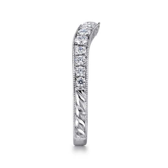 Vintage Inspired 14K White Gold Curved Channel Set Diamond Wedding Band with Engraving angle 4
