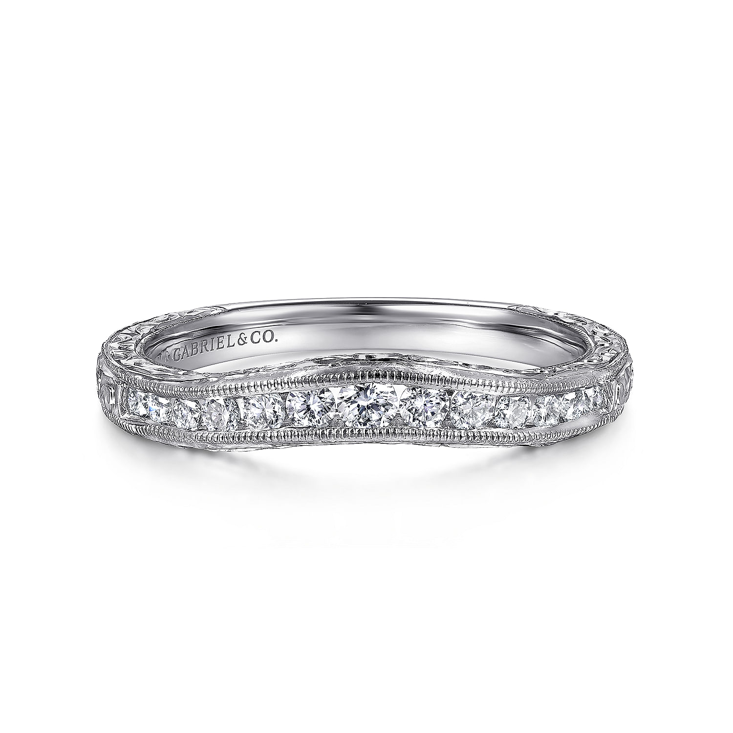 Gabriel - Vintage Inspired 14K White Gold Curved Channel Set Diamond Wedding Band with Engraving