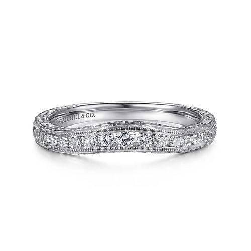 Vintage Inspired 14K White Gold Curved Channel Set Diamond Wedding Band with Engraving