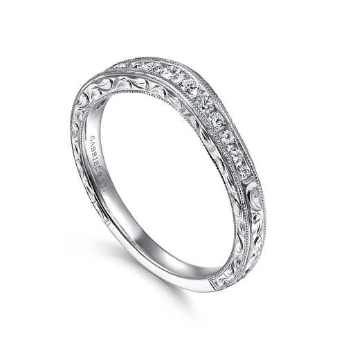 Vintage Inspired 14K White Gold Curved Channel Set Diamond Wedding Band with Engraving