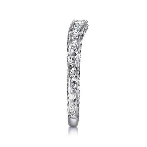 Vintage Inspired 14K White Gold Curved Channel Set Diamond Wedding Band with Engraving