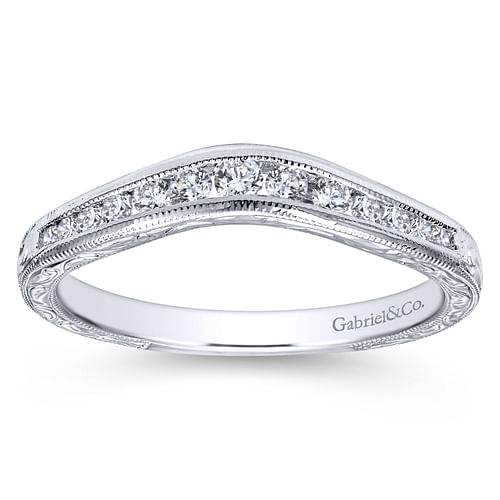 Vintage Inspired 14K White Gold Curved Channel Set Diamond Wedding Band with Engraving