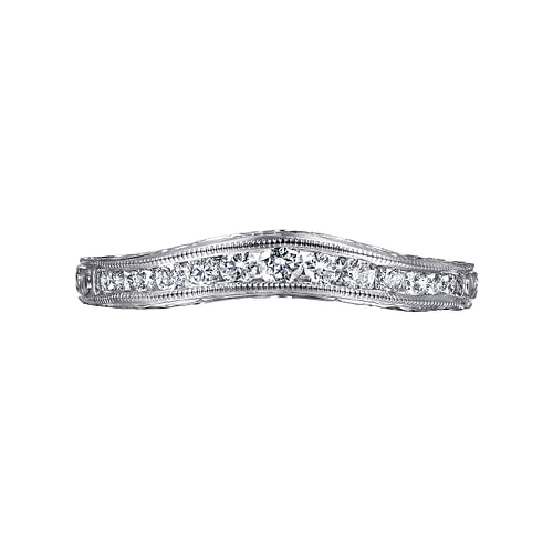 Vintage Inspired 14K White Gold Curved Channel Set Diamond Wedding Band with Engraving