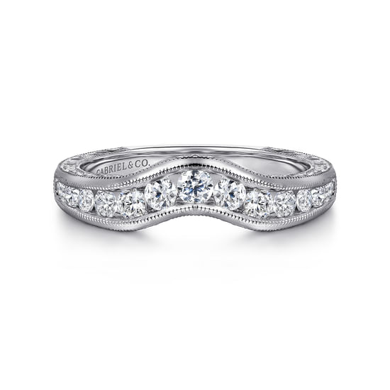 Gabriel - Vintage Inspired 14K White Gold Curved Channel Set Diamond Wedding Band with Engraving