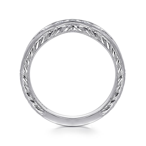 Vintage Inspired 14K White Gold Curved Channel Set Diamond Wedding Band with Engraving