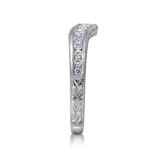 Vintage Inspired 14K White Gold Curved Channel Set Diamond Wedding Band with Engraving