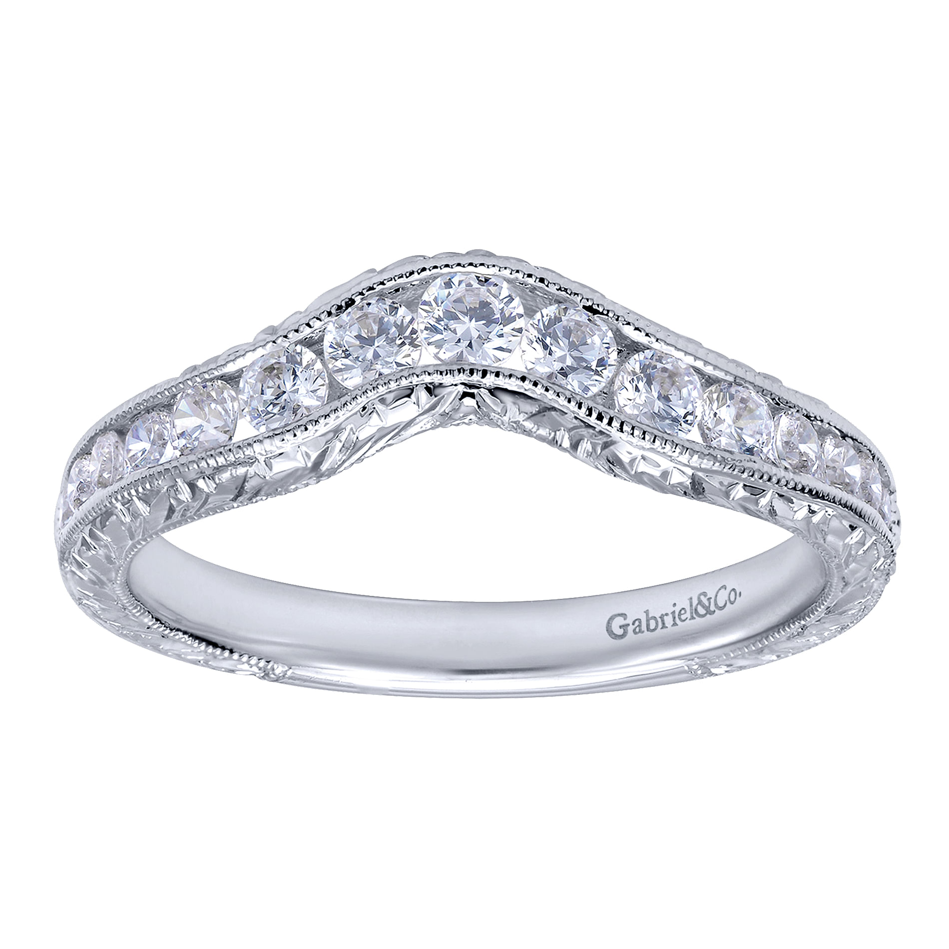Vintage Inspired 14K White Gold Curved Channel Set Diamond Wedding Band with Engraving