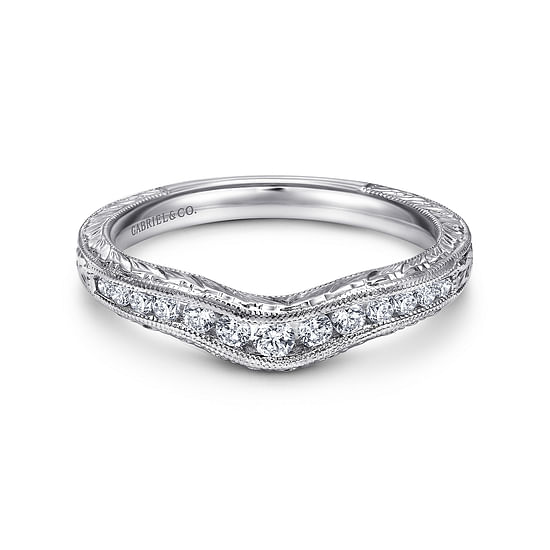 Gabriel - Vintage Inspired 14K White Gold Curved Channel Set Diamond Wedding Band with Engraving