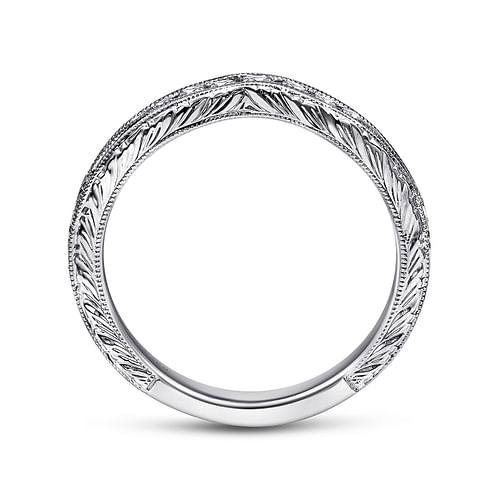 Vintage Inspired 14K White Gold Curved Channel Set Diamond Wedding Band with Engraving