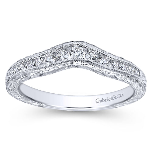 Vintage Inspired 14K White Gold Curved Channel Set Diamond Wedding Band with Engraving