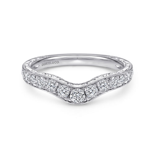 Vintage Inspired 14K White Gold Curved Diamond Wedding Band