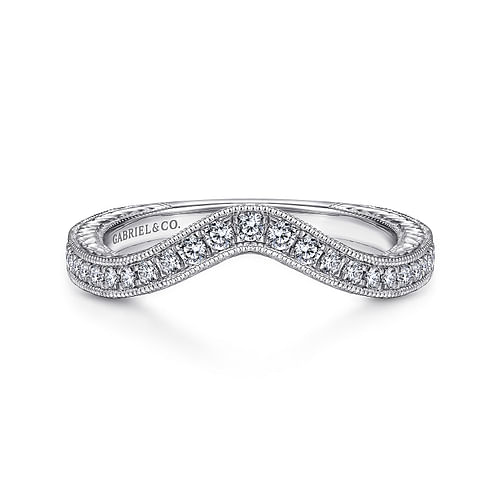 Vintage Inspired 14K White Gold Curved Diamond Wedding Band