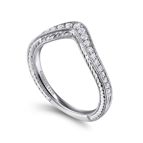 Vintage Inspired 14K White Gold Curved Diamond Wedding Band