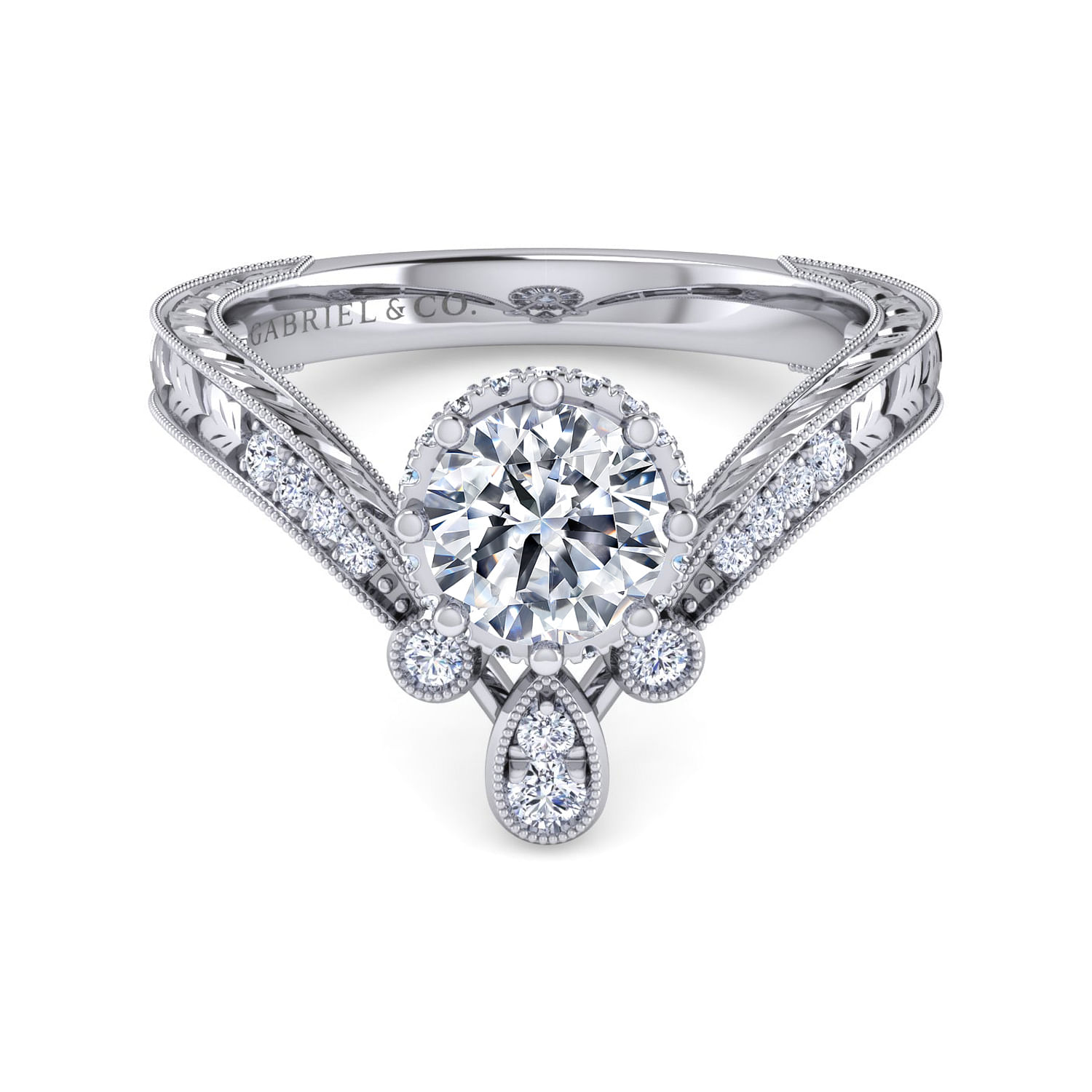 Vintage Inspired 14K White Gold Curved Round Diamond Engagement Ring