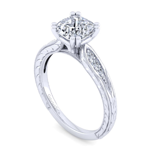 Vintage Inspired 14K White Gold Cushion Cut Diamond Engagement Ring