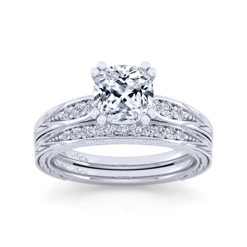 Vintage Inspired 14K White Gold Cushion Cut Diamond Engagement Ring