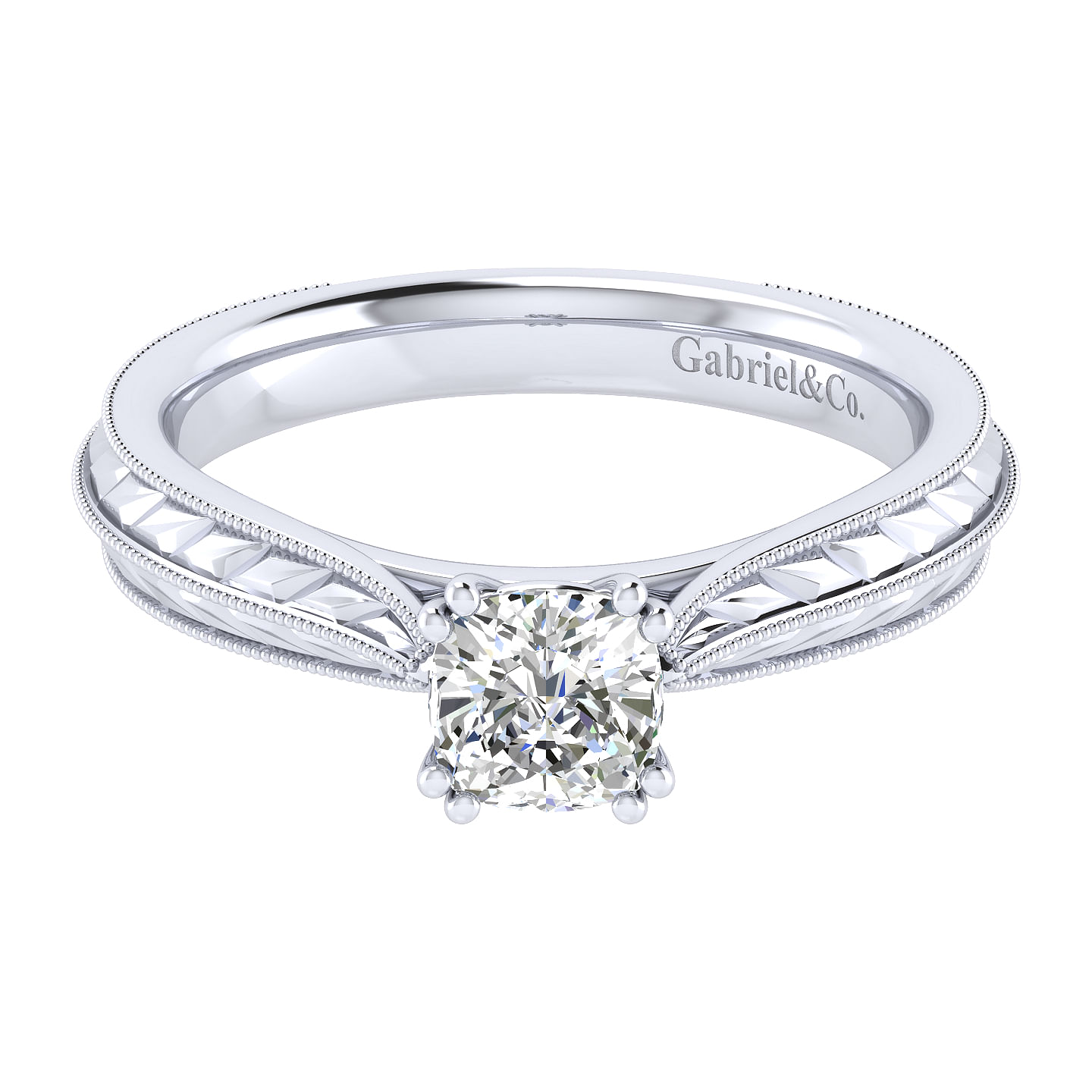 Vintage Inspired 14K White Gold Cushion Cut Solitaire Engagement Ring