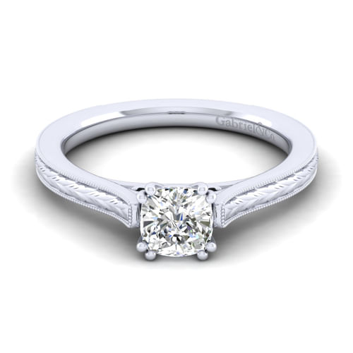 Vintage Inspired 14K White Gold Cushion Cut Solitaire Engagement Ring