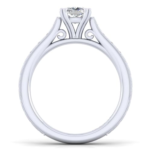 Vintage Inspired 14K White Gold Cushion Cut Solitaire Engagement Ring