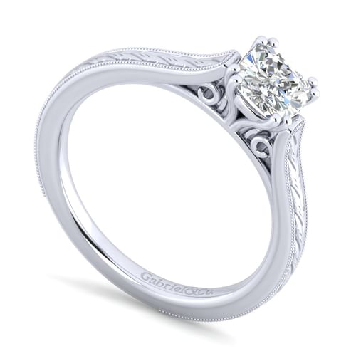 Vintage Inspired 14K White Gold Cushion Cut Solitaire Engagement Ring