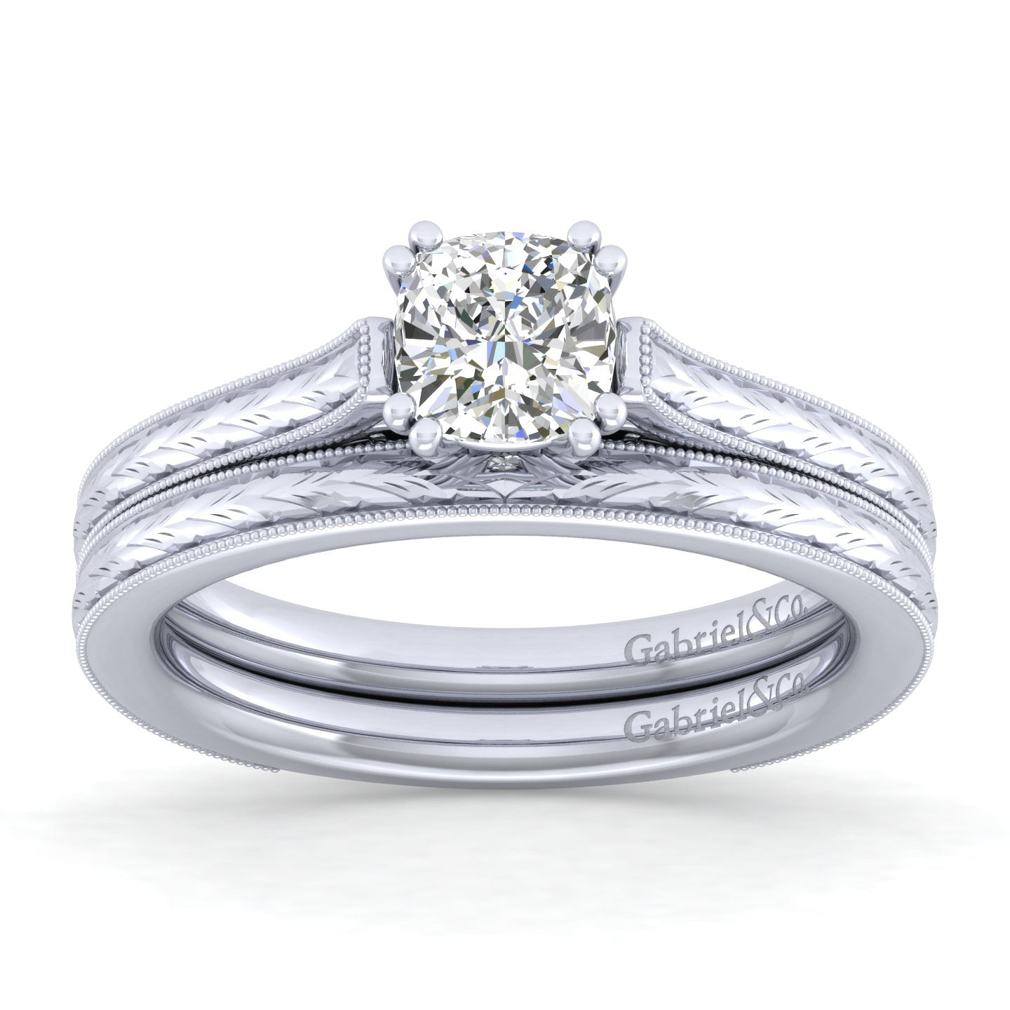 Vintage Inspired 14K White Gold Cushion Cut Solitaire Engagement Ring
