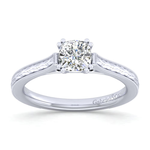 Vintage Inspired 14K White Gold Cushion Cut Solitaire Engagement Ring