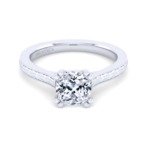 Vintage Inspired 14K White Gold Cushion Cut Solitaire Engagement Ring