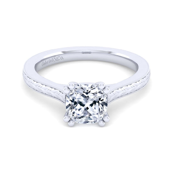 Gabriel - Vintage Inspired 14K White Gold Cushion Cut Solitaire Engagement Ring