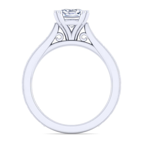 Vintage Inspired 14K White Gold Cushion Cut Solitaire Engagement Ring