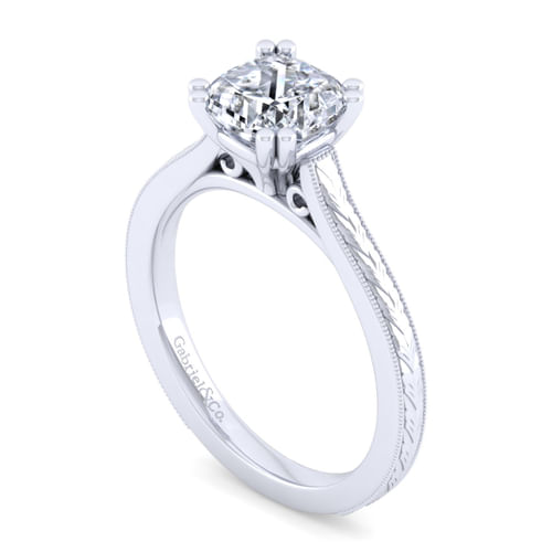 Vintage Inspired 14K White Gold Cushion Cut Solitaire Engagement Ring