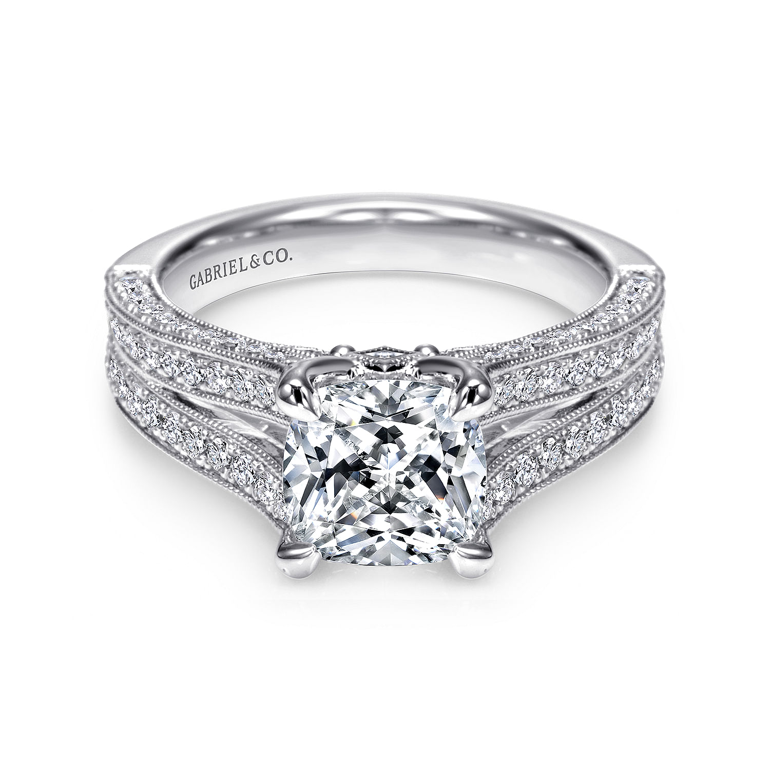 Vintage Inspired 14K White Gold Cushion Cut Split Shank Diamond Engagement Ring