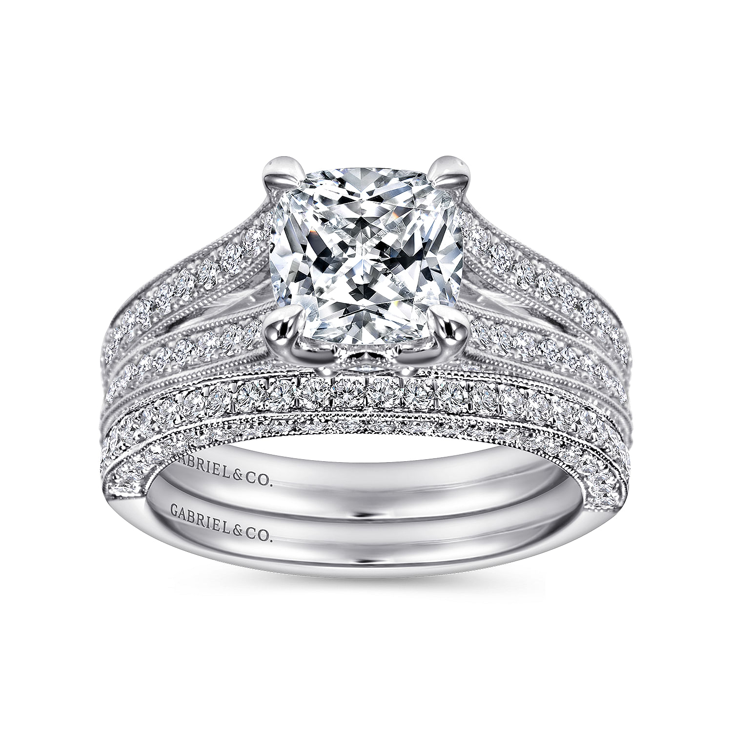 Vintage Inspired 14K White Gold Cushion Cut Split Shank Diamond Engagement Ring