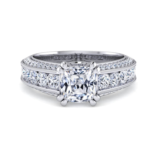 Vintage Inspired 14K White Gold Cushion Cut Wide Band Diamond Channel Set Engagement Ring