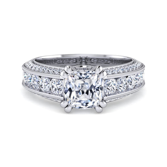 Gabriel - Vintage Inspired 14K White Gold Cushion Cut Wide Band Diamond Channel Set Engagement Ring