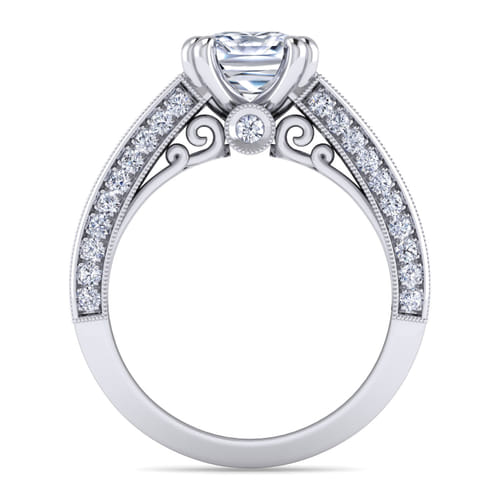 Vintage Inspired 14K White Gold Cushion Cut Wide Band Diamond Channel Set Engagement Ring