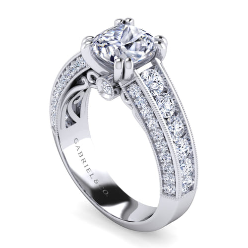 Vintage Inspired 14K White Gold Cushion Cut Wide Band Diamond Channel Set Engagement Ring