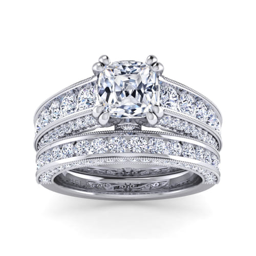 Vintage Inspired 14K White Gold Cushion Cut Wide Band Diamond Channel Set Engagement Ring