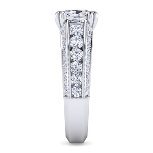 Vintage Inspired 14K White Gold Cushion Cut Wide Band Diamond Channel Set Engagement Ring