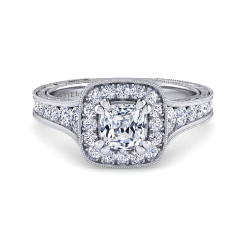 Vintage Inspired 14K White Gold Cushion Halo Diamond Channel Set Engagement Ring