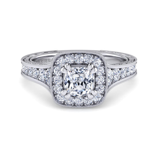Gabriel - Vintage Inspired 14K White Gold Cushion Halo Diamond Channel Set Engagement Ring Gabriel - Vintage Inspired 14K White Gold Cushion Halo Diamond Channel Set Engagement Ring