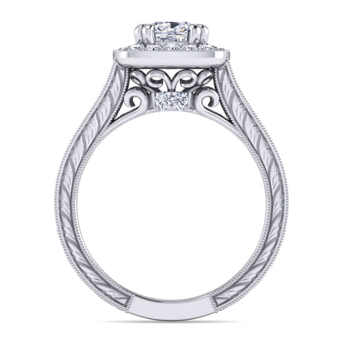 Vintage Inspired 14K White Gold Cushion Halo Diamond Channel Set Engagement Ring