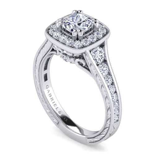 Vintage Inspired 14K White Gold Cushion Halo Diamond Channel Set Engagement Ring