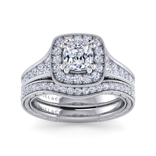 Vintage Inspired 14K White Gold Cushion Halo Diamond Channel Set Engagement Ring