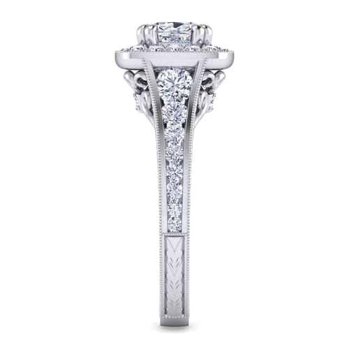 Vintage Inspired 14K White Gold Cushion Halo Diamond Channel Set Engagement Ring