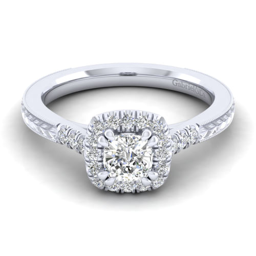 Vintage Inspired 14K White Gold Cushion Halo Diamond Engagement Ring
