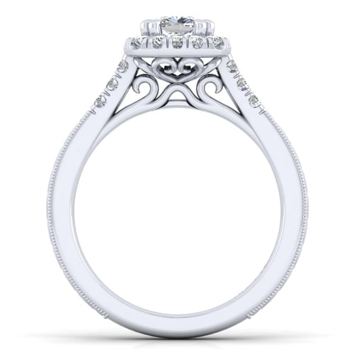 Vintage Inspired 14K White Gold Cushion Halo Diamond Engagement Ring