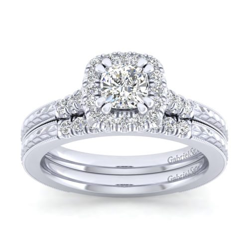Vintage Inspired 14K White Gold Cushion Halo Diamond Engagement Ring
