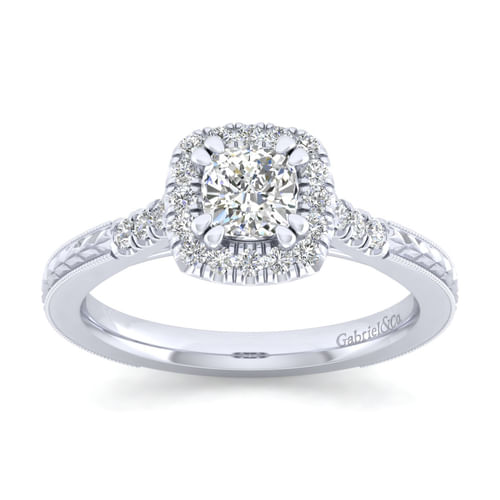 Vintage Inspired 14K White Gold Cushion Halo Diamond Engagement Ring