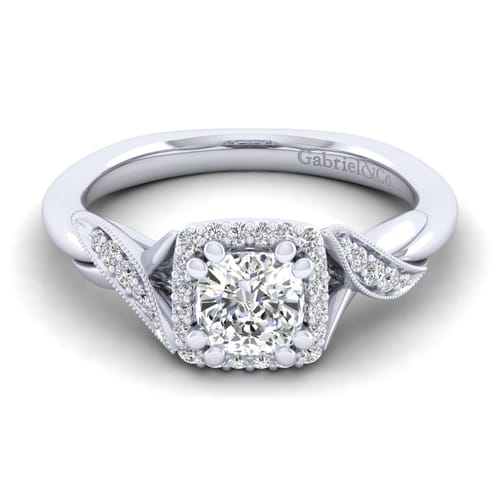 Vintage Inspired 14K White Gold Cushion Halo Diamond Engagement Ring